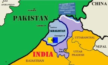 Map highlighting the proposed Khalistan region in India & Pakistan