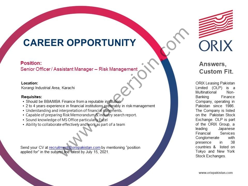 ORIX Leasing Pakistan Ltd OLP Jobs Senior Officer/Assistant Manager