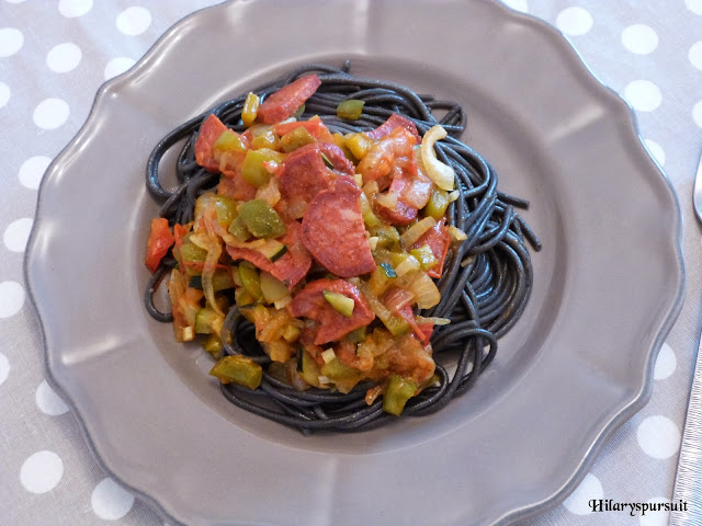 Spaghetti au chorizo et aux petits légumes