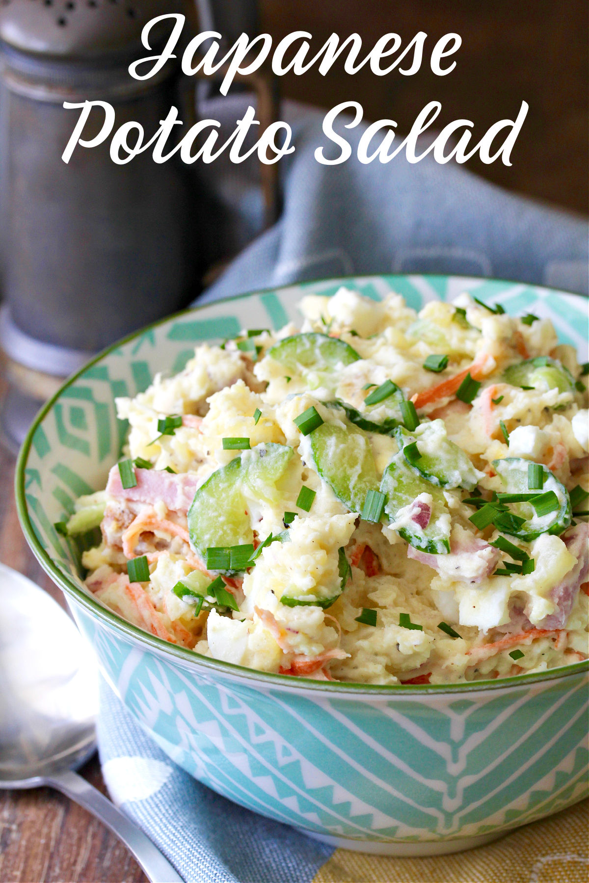 Japanese Potato Salad in a bowl with a spoon.