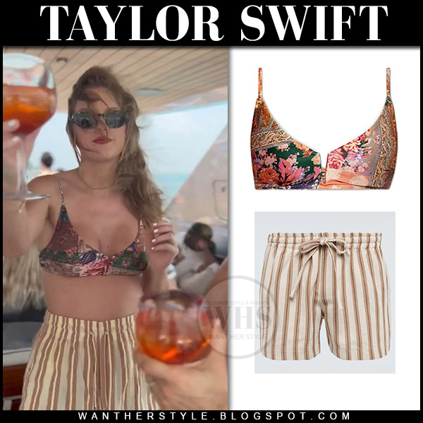 Taylor Swift in printed bikini top and striped shorts