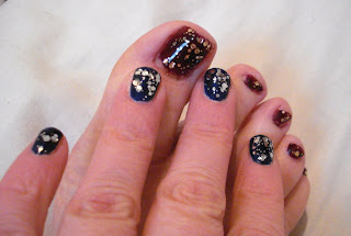 Matching mani pedi gold and silver blue and red glitter layers