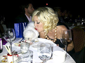 tori spelling and her silkie at dinner