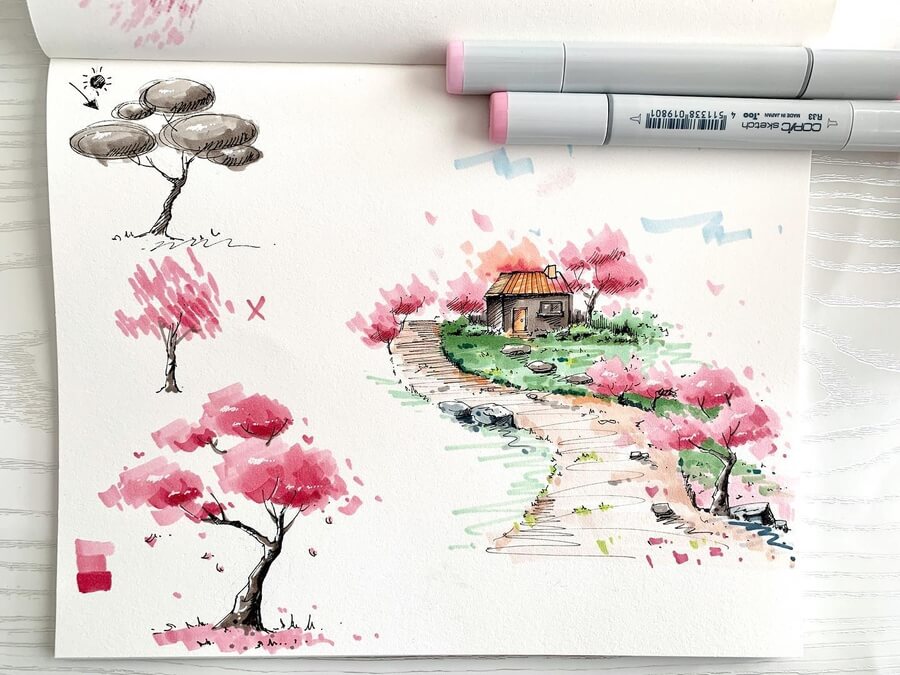07-Cherry-trees-and-tiny-house-Tutorial-Sketchbook-Drawings-Aimian-www-designstack-co