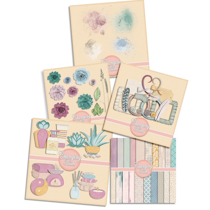 Spa Day Digital Scrapbooking kit Papers, Scrap Basics, Sticker Elements, Scatter, and Flower Packs
