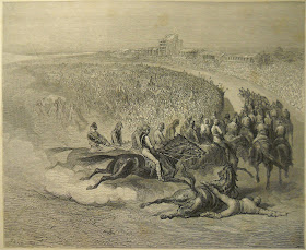 A detailed engraving of a horse race, in which one horse and jockey has fallen.