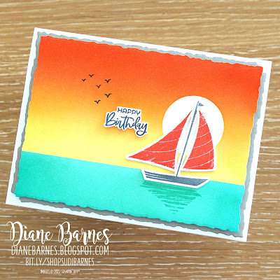 Handmade card with ink blended sunset yacht scene using Stampin' Up! Let's Set Sail stamps and bundle. Card by Di Barnes - Independent Demonstrator in Sydney Australia - stampinupcards - colourmehappy - stampinupaustralia - cardmaking - punch art