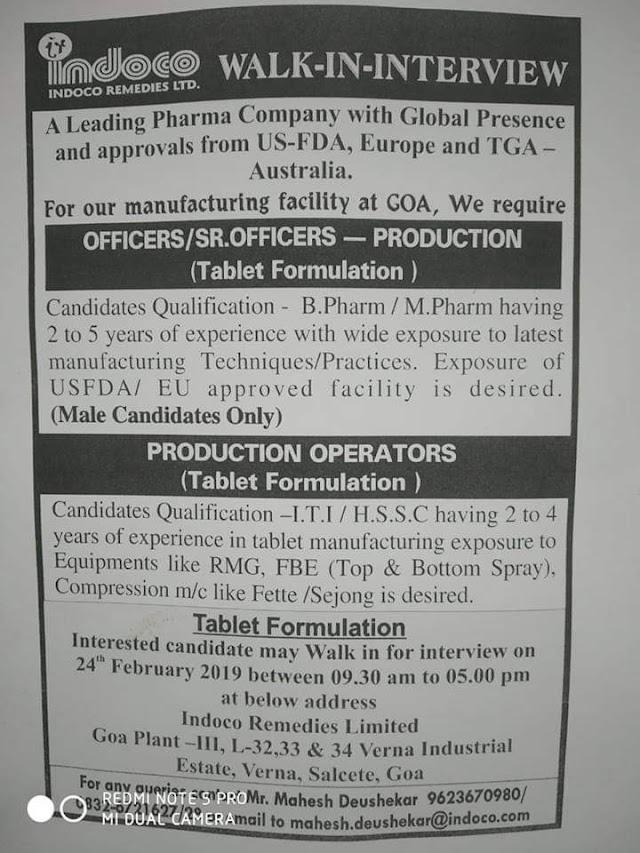 Indoco remedies | Walk-in for Production | 24th Feb 2019 | Goa