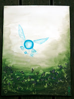 'Lost Woods', 2016; the picture show a green froest background, purple flowers and above a glittering little fairy in bright turqouise and white coloured- Navi from Zelda, video game