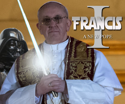 Pope Francis wielding a lightsaber