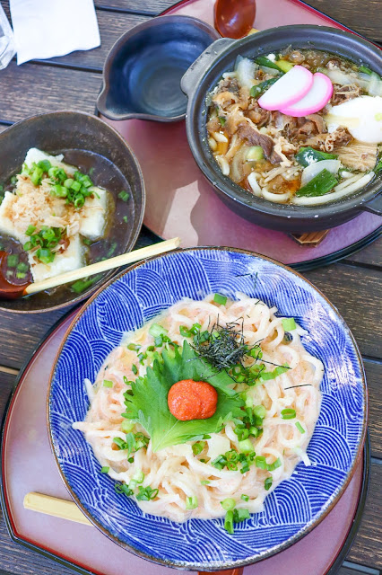 nabeyaki sukiyaki beef udon, mentaiko cream udon