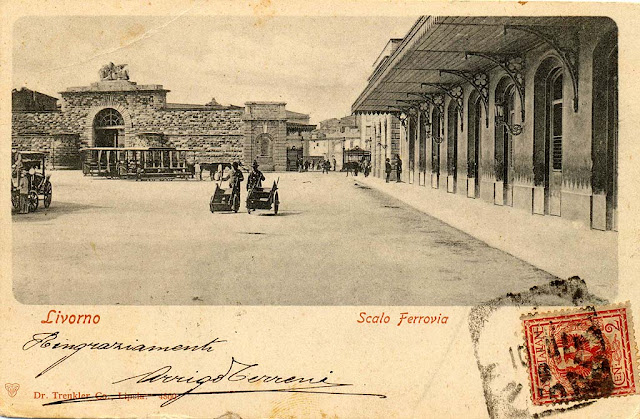 Old postcard, San Marco railway station, Livorno