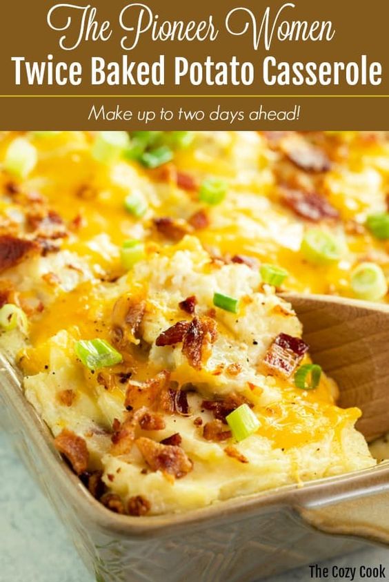 This twice baked potato casserole is loaded with creamy mashed potatoes and topped with melted cheese, crispy bacon, and sliced green onions. It's a superstar side dish that's easy to make days ahead! | The Cozy Cook | #potatoes #casserole