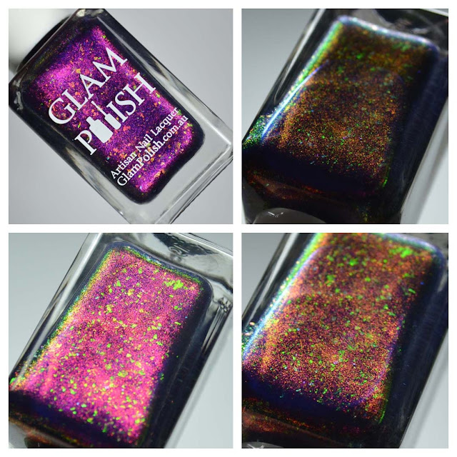 purple color shifting nail polish in a bottle