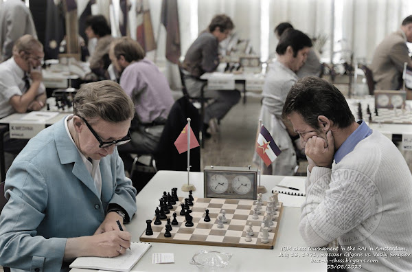 Svetozar Gligoric vs. Vasily Smyslov, IBM chess tournament in the RAI in Amsterdam, North Holland, July 13, 1971.