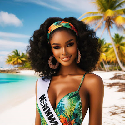 Tropic Pageant Winner on tropic beach wearing tropic print dress and pageant sash.