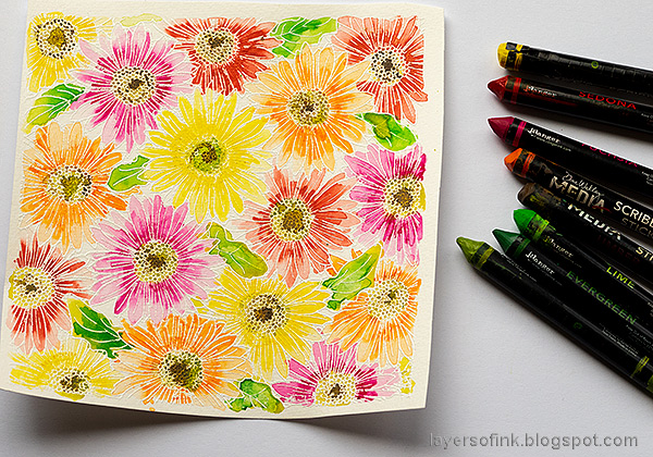 Layers of ink - Gerbera Daisy Watercolor Cards by Anna-Karin Evaldsson. Watercolor with Scribble Sticks.