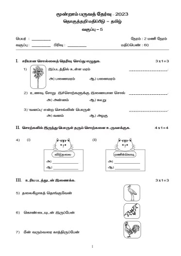 5th Term 3 Original Question Paper & Answer Key 2023