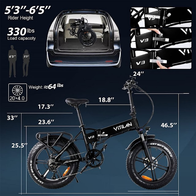 VITILAN V3 Folding Fat Tire Beach Snow Electric Bike Mountain-Bikes