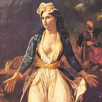 Eugène Delacroix's Greece on the Ruins of Missolonghi painting reveals a woman in traditional dress, reminding La Marianne.