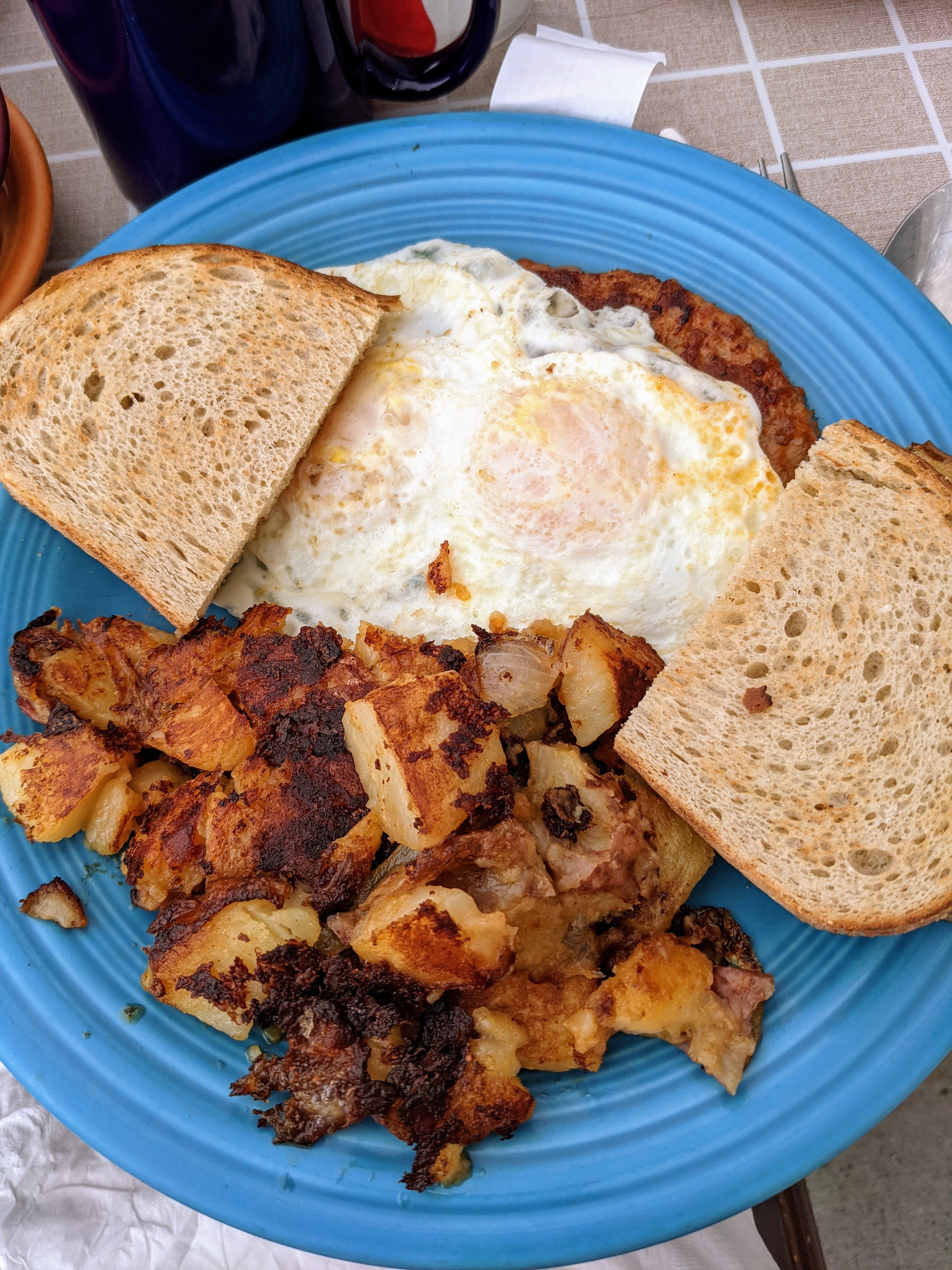 Eggs over Easy, Sausage, Potatoes, and Toast at Theo's Diner in New Milford, CT | Taste As You Go