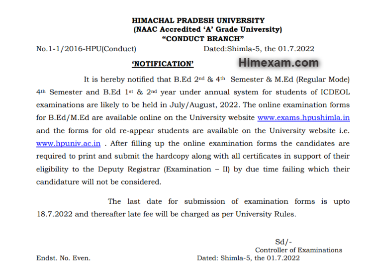 Notification of B.Ed. Exams ICDEOL:- HPU Shimla