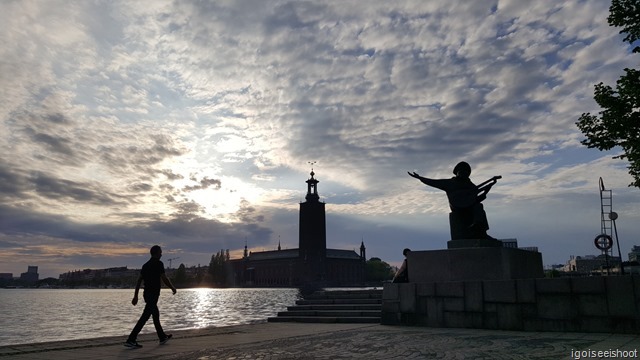 Silhouette of the Stockholm City Hall and statue of Evert Taube from Riddarholmen.