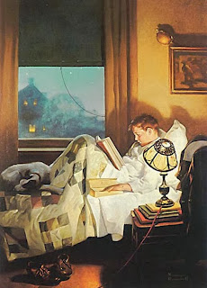 boy reading in bed painting by american artist Norman Rockwell