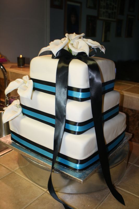 Teal Wedding Cakes With Ribbon Decoration teal and black wedding