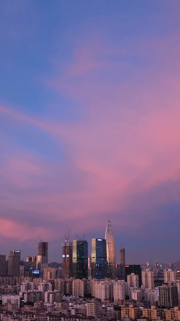Wallpaper Evening, Pink Sky, City, Buildings