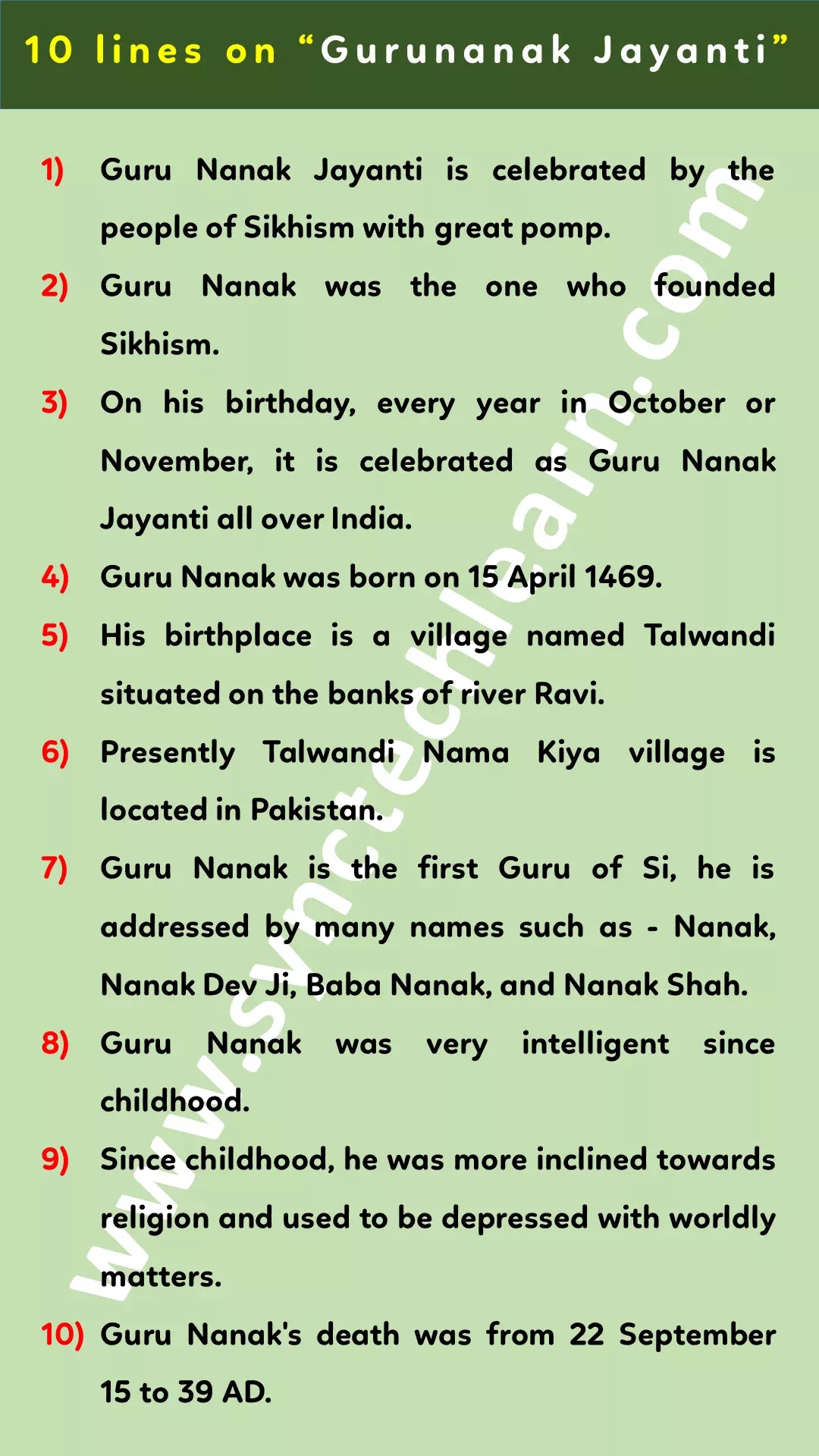 10 lines on guru nanak jayanti in English