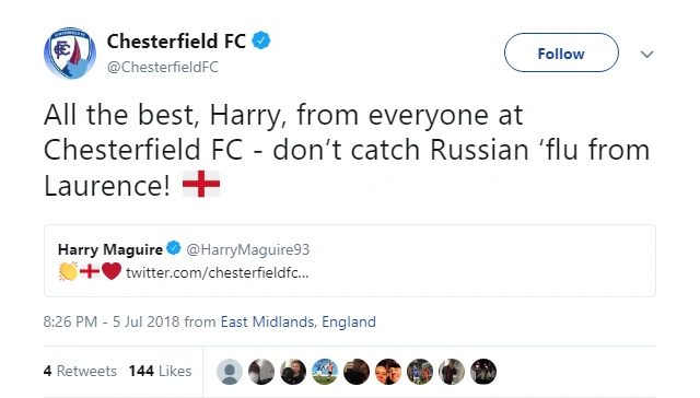 Chesterfield wish good luck to England defender Harry Maguire