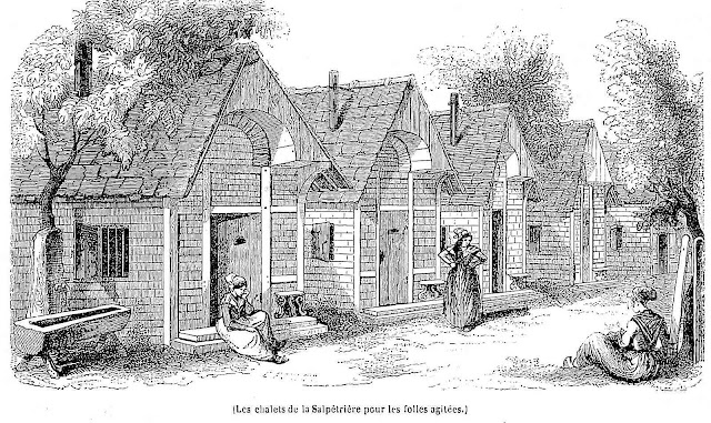 The chalets of La Salpetriere for the crazy agitated, an 1843 illustration