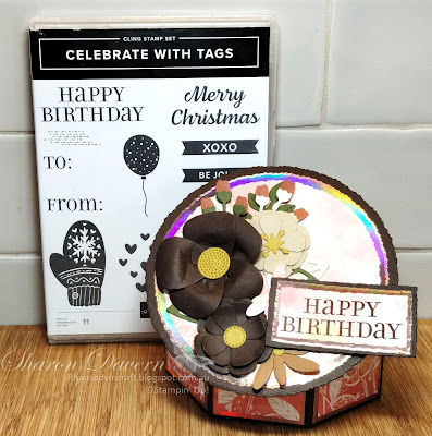 Rhapsody in Craft,#rhapsodyincraft,#colourcreationsbloghop,Early Espresso, Fancy Fold, Hexagon Pop Up Box Card, Paper Florist Dies, Celebrate with Tags, Birthday Card, Deckled Circle Dies, Deckled Rectangle Dies, Inked Botanical DSP Rose Gold, Art with Heart, #artwithheart, #loveitchopit,#stampinup, Stampin Up!