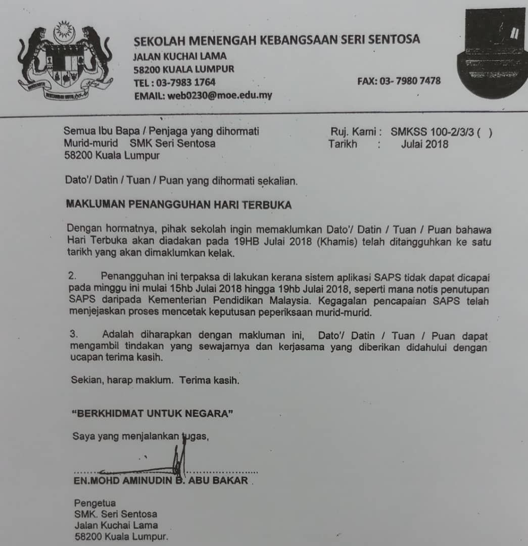 Surat Makluman Hari Terbuka Sekolah