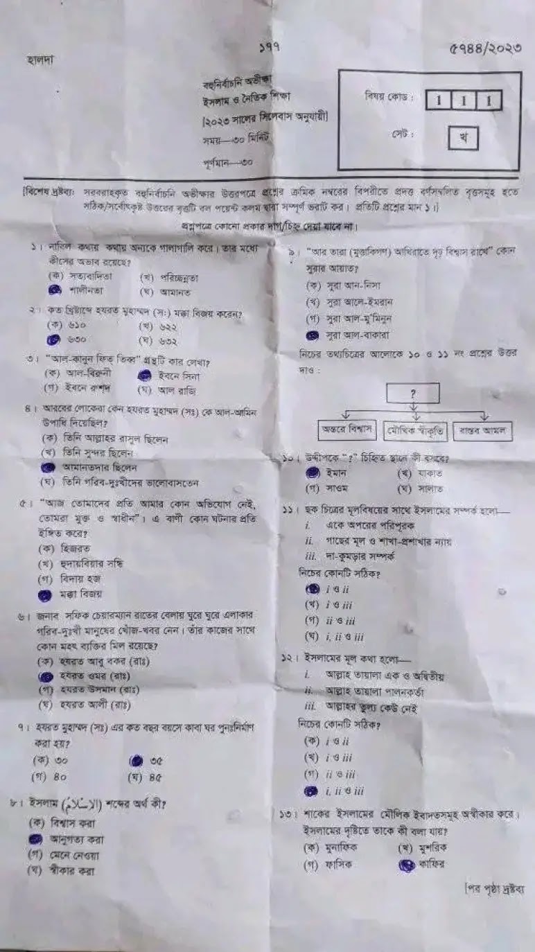 এসএসসি ইসলাম ও নৈতিক শিক্ষা  প্রশ্ন ও উত্তর ২০২৩ চট্টগ্রাম | SSC Islam and moral education Chittagong Board MCQ Question Answer 2023 | এসএসসি চট্টগ্রাম ইসলাম ও নৈতিক শিক্ষা  বহুনির্বাচনি (MCQ) উত্তরমালা সমাধান ২০২৩