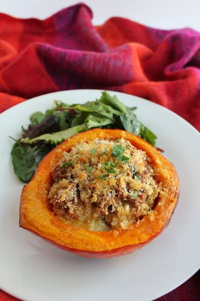 Food Lust People Love: Beautiful Kuri squash are perfect for stuffing and roasting. If you can’t find them though, a butternut or tender pumpkin would also work for this Stuffed Red Kuri Squash recipe made with spicy Italian sausage.