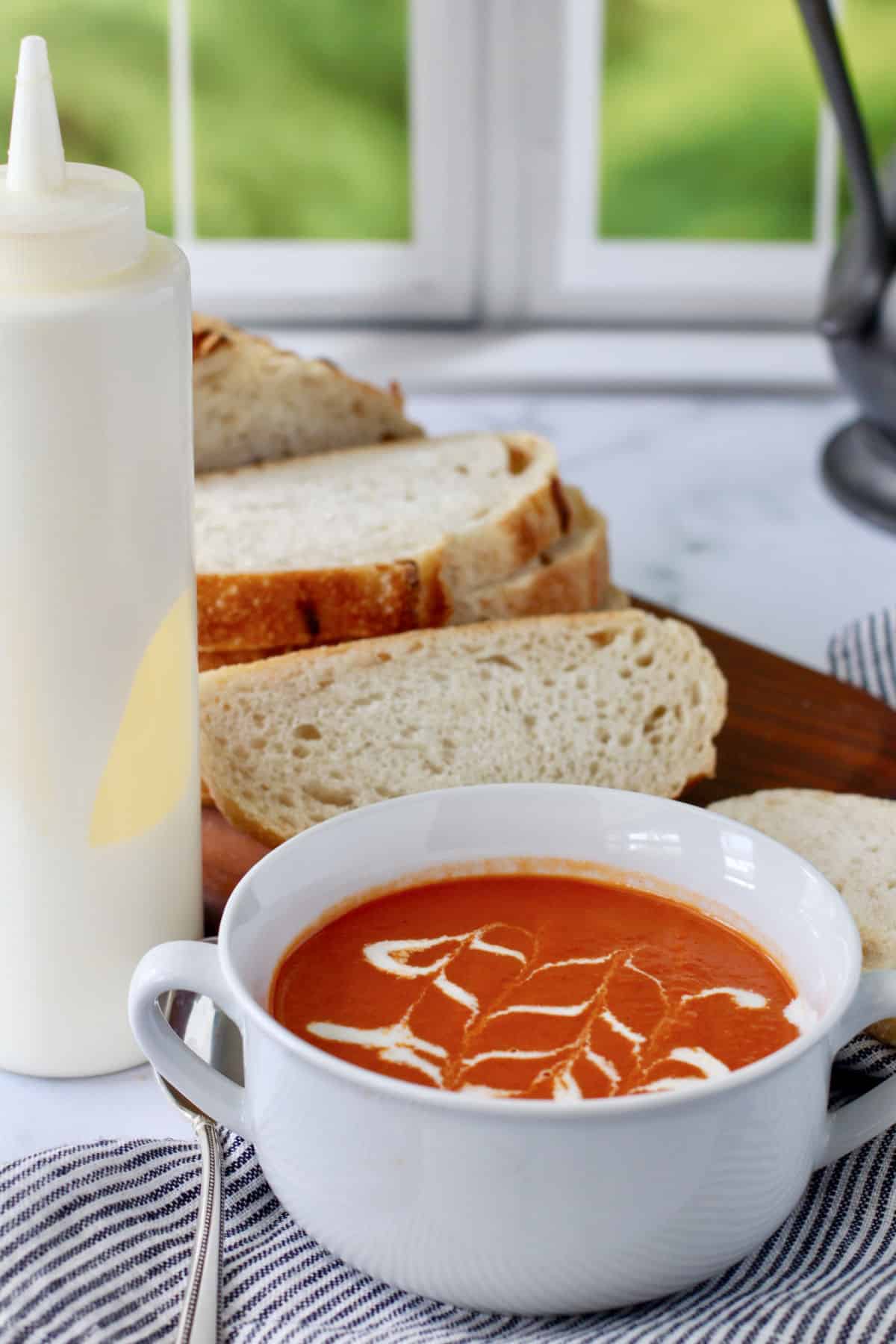 Cream of Tomato Soup with plastic squeeze bottle.