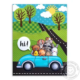 Sunny Studio Stamps: Cruising Critters Animals in Car Hillside Handmade Card (using Woodland Borders & Comic Strip Everyday Dies)