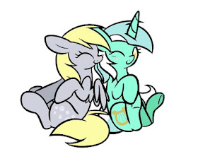 though I can't draw kisses, Ditsy Doo (Derpy Hooves) and Lyra Heartstringsare now together and should probably have some nose boops