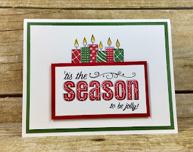 This red and green Christmas card uses Stampin' Up!'s Merry Patterns stamp set!  It's ONLY available through October 31, 2017 as a free gift with a $300 party or order!  Don't miss out!  It's so easy to stamp.  Just stamp the outline image first, then fill in with the colored stamps!  I used Real Red and Garden Green.  #stampinup #stamptherapist www.stamptherapist.com