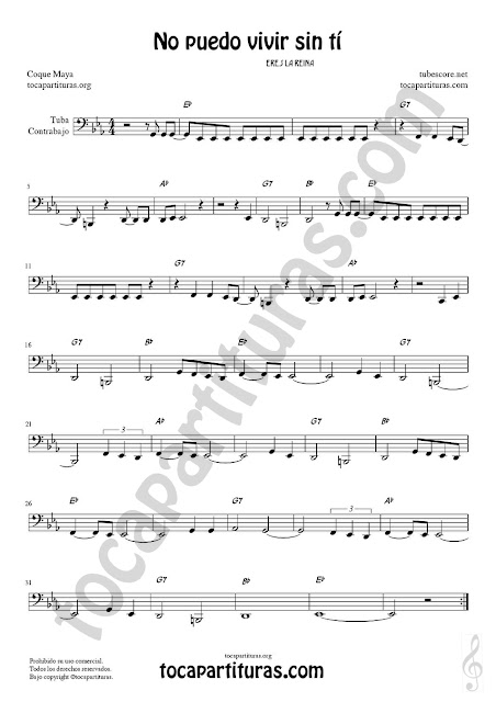 Partitura de Tuba y Contrabajo (Clave de Fa en 8ª Baja) No puedo vivir sin tí Sheet Music for Contrabass y Tuba Music Score