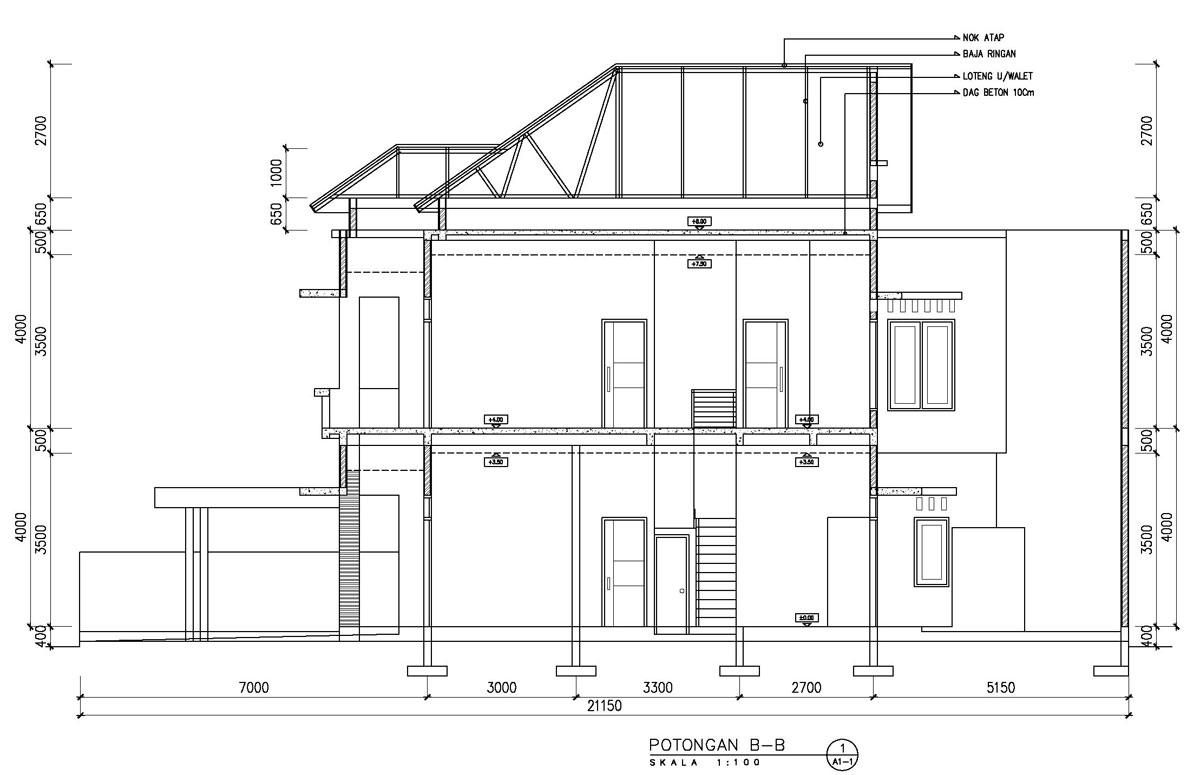 Gambar potongan, gambar teknik, potongan rumah, arsitektur, potongan 