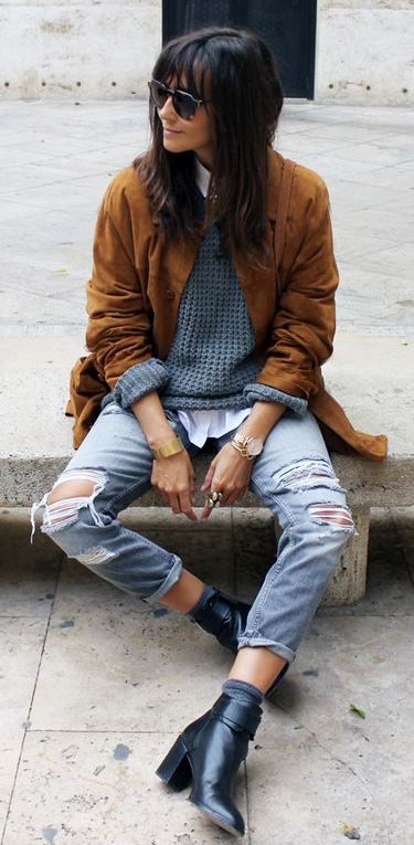 street style perfection | brown jacket + knit sweater + shirt + ripped jeans + boots