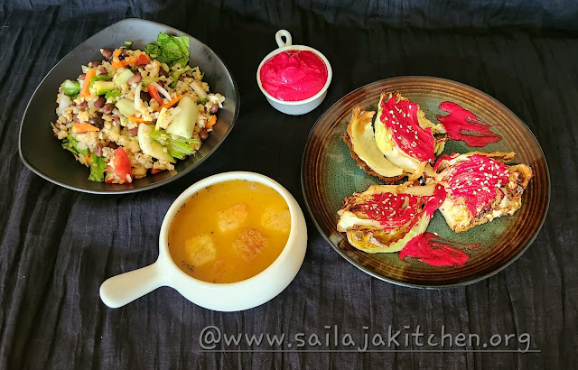 images of Roasted Cabbage Steak With Beet Dressing / Pumpkin Soup recipe / Cracked Wheat Salad