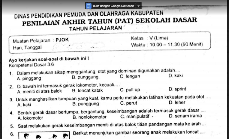 Soal Ulangan Pjok Kelas 5 Semester 2 Kurikulum 2013