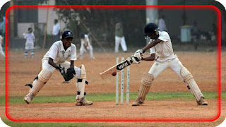 This image is about boys playing cricket one is doing the bating and other is doing wicket keeping 