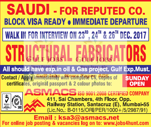 Oil & Gas Project Urgent Jobs for KSA- Block visa ready