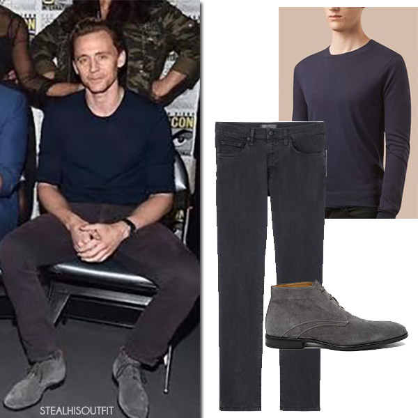 Tom Hiddleston in navy sweater and grey jeans at Comic-Con 2017