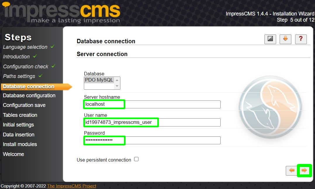 impresscms installation mysql database user